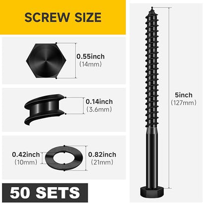 Mywish (50Sets) 3/8" x 5" Lag Bolts, 304 Stainless Steel 3/8 inch Lag Screws Bolts for Wood, Heavy Duty Hex Head with Flat Washers Bolt Kit, Black Oxided - size: 3/8 x 5"