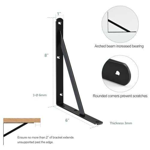 2 Pack L8 x H 6" Black Heavy Duty Shelf Brackets with Screws Metal Shelf Brackets Shelf Support Angle Brackets for Shelves L Brackets Heavy Duty Floating Shelf - size: 8''x6'', style: 2 Pack-Black