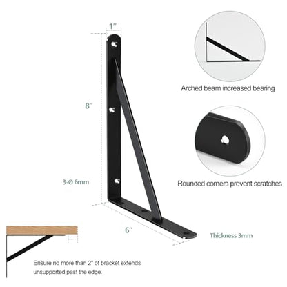 2 Pack L8 x H 6" Black Heavy Duty Shelf Brackets with Screws Metal Shelf Brackets Shelf Support Angle Brackets for Shelves L Brackets Heavy Duty Floating Shelf - size: 8''x6'', style: 2 Pack-Black