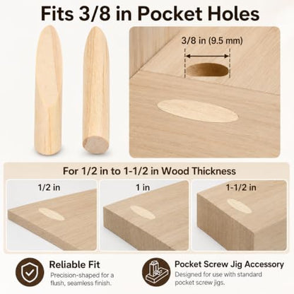 100PCS Solid Wood Pocket Hole Plugs, 3/8 Inch Pocket Screw Jig Plugs Pine Wood Plugs Woodworking Tool for Pocket Hole Jig Accessories, Various Woodworking Projects
