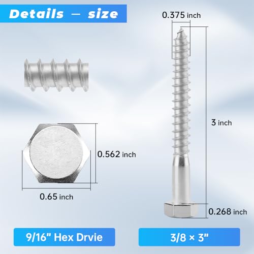 Glvaner (10 pcs) 3/8" x 3" Stainless Steel Hex Head Lag Bolts, Hexagonal Head Lag Screws, 304 Stainless Steel 18-8, Secure Hold for Wood - size: 3/8 x 3"