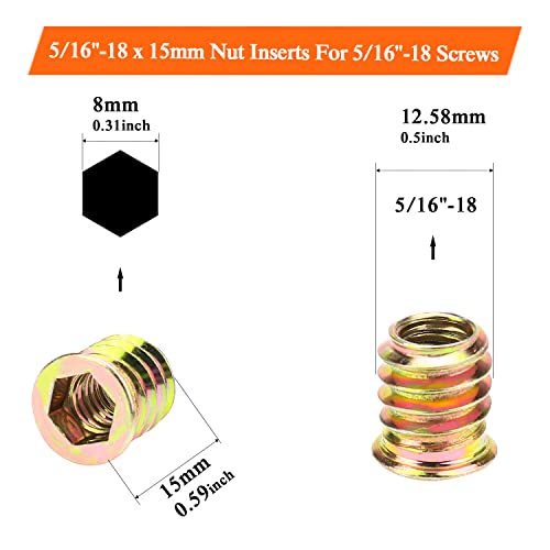 5/16-18 Threaded Inserts, Wood Inserts, Steel Threaded Inserts for Wood Furniture Screw, HELIFOUNER 40 Pieces 5/16”-18 x 15mm Threaded Inserts with Hex Wrench for Wood Furniture - size: 5/16"-18 x 15mm