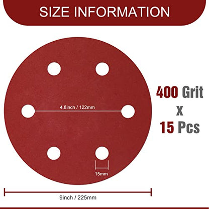 Awutzut 9 Inch 6 Hole Sanding Discs 400 Grit Hook and Loop for Drywall Sander 15PCS - style: 400 Grit