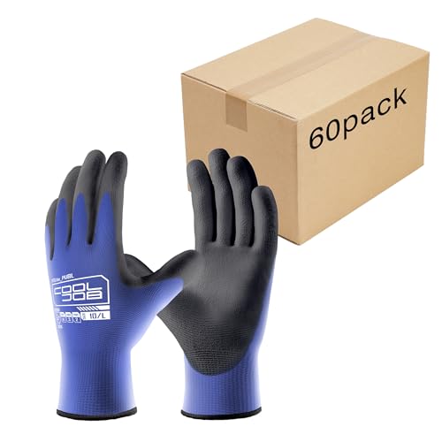 COOLJOB 60 Pairs Safety Work Gloves Pack Bulk with Grip PU Coating - color: Blue, size: Small (Pack of 60)