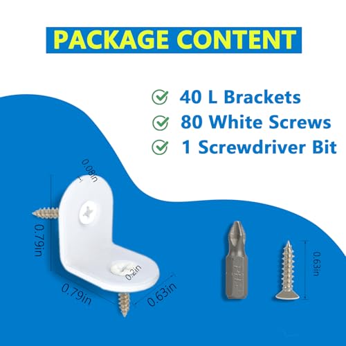 40 Pcs Small White L Brackets & 80 Pcs White Screws – 0.79x0.79 Inch Right Angle Corner Braces for Wood Furniture, Bed Frames, Cabinets, Drawers, and Chairs