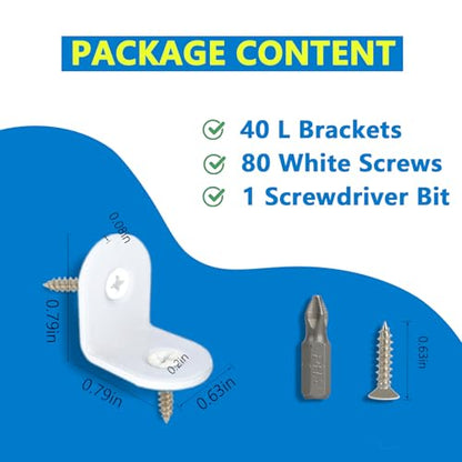 40 Pcs Small White L Brackets & 80 Pcs White Screws – 0.79x0.79 Inch Right Angle Corner Braces for Wood Furniture, Bed Frames, Cabinets, Drawers, and Chairs