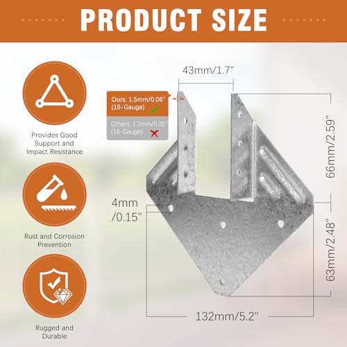 70 Pack 16-Gauge Hurricane Ties for Rafter, Heavy Duty Hurricane Straps, Robust Hot Dip Galvanized Rafter Ties Brackets, Joist Hangers for 2X Deck Joists
