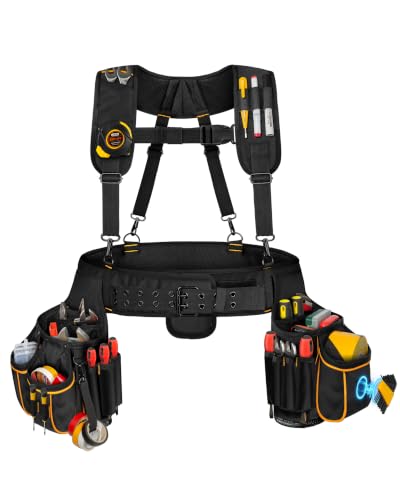 Marscamd Tool Belt with Suspenders & Pouches, Heavy Duty Work Belt, Black - color: Black