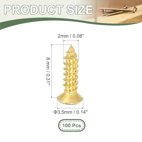 Brass Wood Screws Self Tapping Screws, M2 x 8 mm Flat Cross Head Fit for Door Hinges Electronics Furniture (100 Pack, Gold Tone) - size: M2 x 8 mm