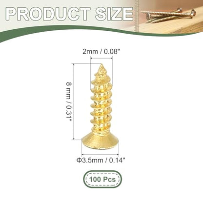 Brass Wood Screws Self Tapping Screws, M2 x 8 mm Flat Cross Head Fit for Door Hinges Electronics Furniture (100 Pack, Gold Tone) - size: M2 x 8 mm