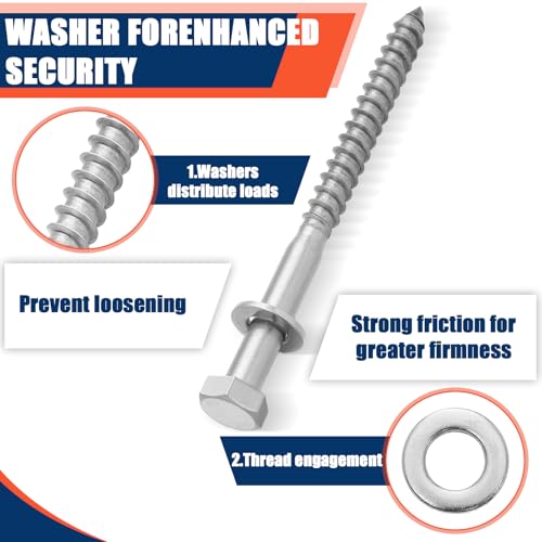 40 Pack 1/2'' x 6'' 304 Stainless Steel Lag Bolts Screw Kit with Washers Hex Lag Bolts Heavy Duty Wood Screws for Wood Decks Fences - size: 1/2'' x 6''