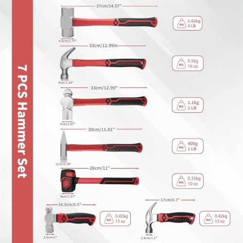 7-Piece Hammer Set with Red/Black Grips for Car, Wood & DIY