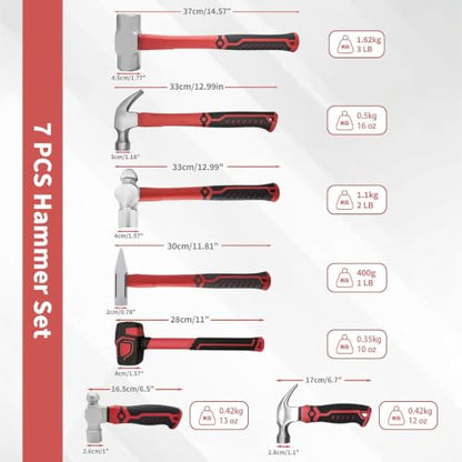 7-Piece Hammer Set with Red/Black Grips for Car, Wood & DIY