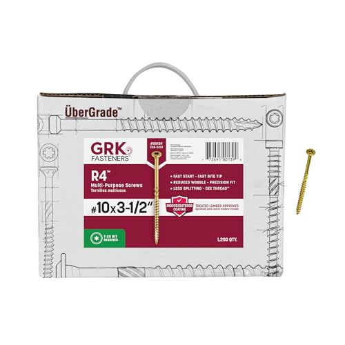 GRK Fasteners R4#10 x 3-1/2 Inch, Multi-Purpose Framing Screws, 800 PCS, Rust Resistant Climatek Coating, Outdoor Fencing and Deck Screws, Fast Bite Tip, Star Drive Recess, Gold - size: #10 x 3-1/2" 1200 count