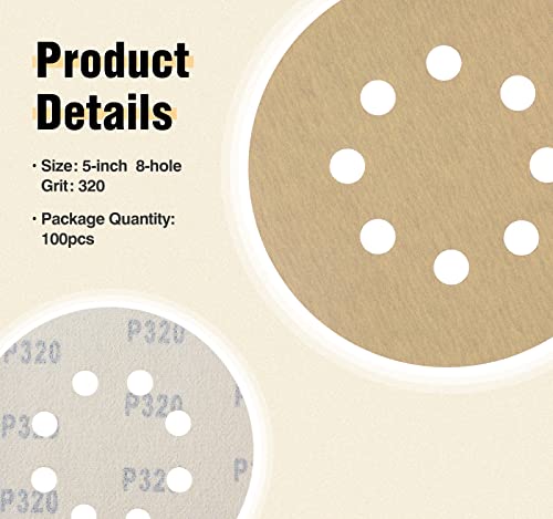 S SATC Sanding Disc 5Inch Sanding Disc Hook and Loop 8 Hole 320 Grit Sandpaper 100 PCS for Fine Finishing