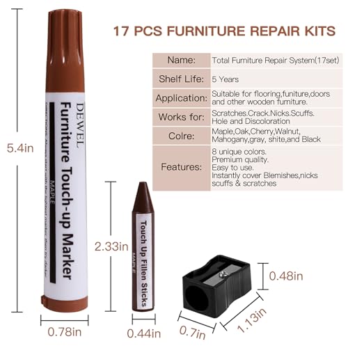 DEWEL Furniture Touch Up Markers, 17-Piece Wood Repair Kit with Wax Sticks - color: Black, Gray, Maple, Oak, Cherry, Walnut, Mahogany, White