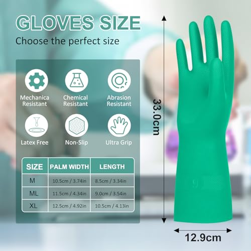 Beieverluck 10 Pairs Chemical Resistant Gloves, Reusable Heavy Duty Rubber Work Gloves, 12.6" Long Nitrile Gloves for Acid Alkali Oil Protection and Industrial Use Household, Large - size: Large