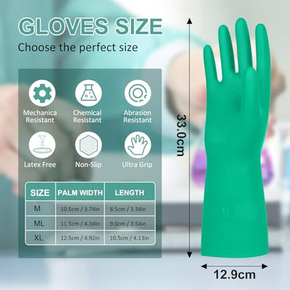 Beieverluck 10 Pairs Chemical Resistant Gloves, Reusable Heavy Duty Rubber Work Gloves, 12.6" Long Nitrile Gloves for Acid Alkali Oil Protection and Industrial Use Household, Large - size: Large