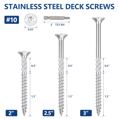 #10x2-1/2 inch Stainless Steel Deck Screws 120 PCS Wood Screws with T25 Bit - size: #10*2-1/2"-120pcs