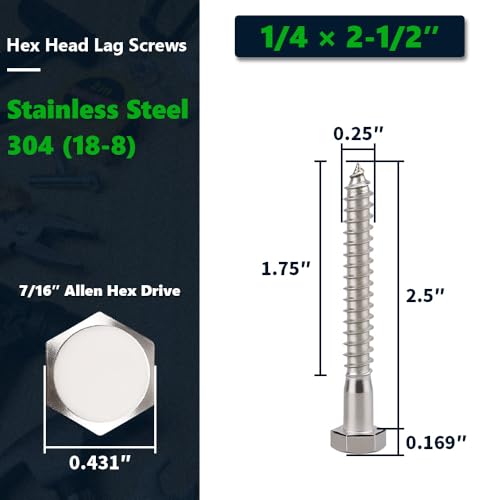 20-Sets 1/4 x 2-1/2" Hex Head Lag Screws & Flat Washers, Heavy Duty Lag Wood Screws, 304 Stainless Steel (18-8), 1/4" Bolt - size: 1/4 x 2-1/2
