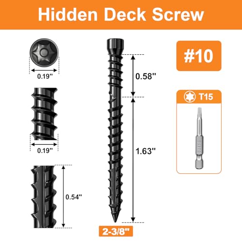 #10 x 2-3/8" Hidden Deck Screws, 350Pcs Star Drive Countersunk Wood Screws - size: #10 x 2-3/8