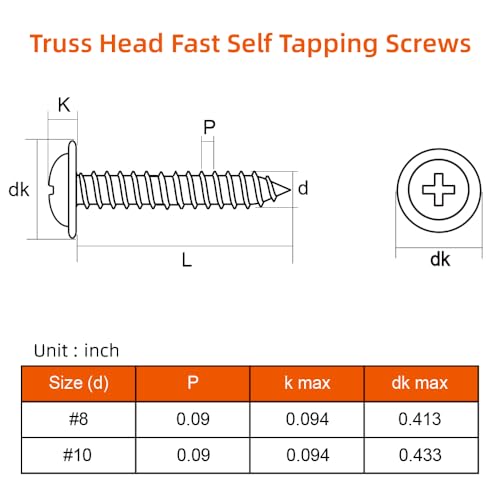 #8 x 1/2" Truss Head Fast Self Tapping Screws, Alloy Steel Wood Screws, White Head, 100 PCS - color: White, size: #8 x 1/2"