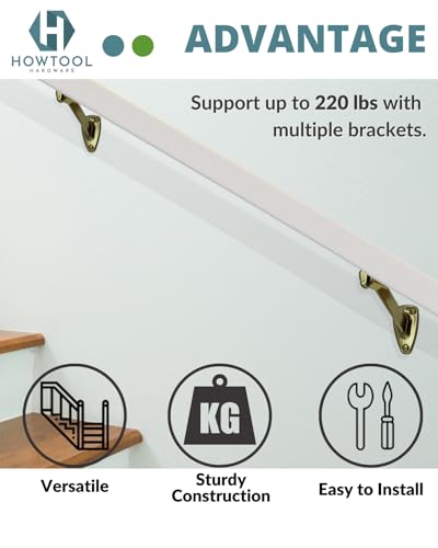 Heavy Duty Brass Plated Zinc Handrail Brackets Extended Neck Wall Mount Design Includes Screws for Stair Railing Support 2 Pack | HOWTOOL