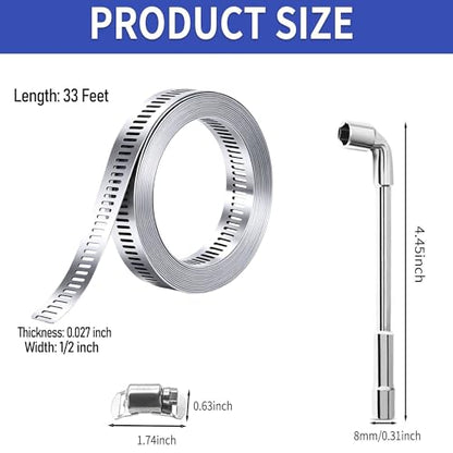 Large Hose Clamps 1/2IN, 304 Stainless Steel Assortment Kit, Cut-To-Fit 33ft Metal Strap 20 Fasteners L Socket Wrench, Worm Gear Hose Duct Clamp, Band Screw Clamps For Auto,Hvac,Duct,Pipe,Fuel Line - size: 33FT Strap + 20 Fasteners
