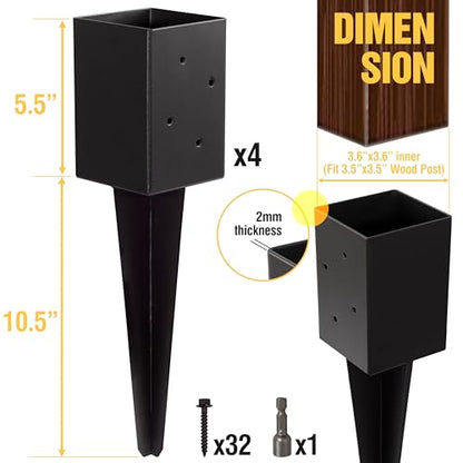 LADECH 4x4 Fence Post Anchor Ground Spike 16” Length Metal Black Powder Coated – Mailbox Post Anchors – Fit 3.5x3.5 Wood Posts (4 Pcs)