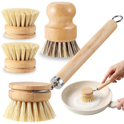 5 Pcs Bamboo Dish Brush Set Includes 1 Wooden Handle with 3 Natural Replaceable Bristle Heads and 1 Handheld Bamboo Wok Brush Scrubber for Dishes Pans Pots Fruit and Veggie Washing(Style B)