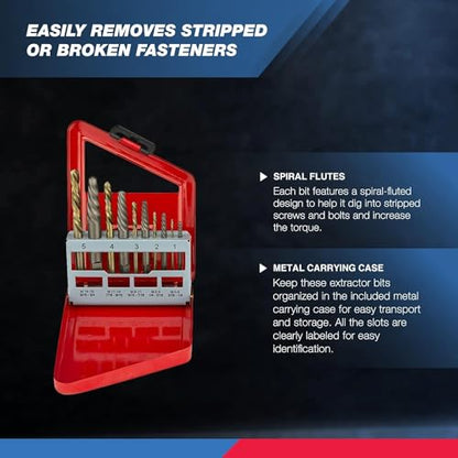 NEIKO 01925A Screw-Extractor And Left-Hand Drill-Bit Set, HSS M2 Steel Drill Bits, Alloy Spiral Flutes, Reverse Drill-Bit And Bolt Extractor, Easily Remove Stripped Screws And Broken Bolts, 10 Pieces - size: 10 Piece, style: Extractor Kit