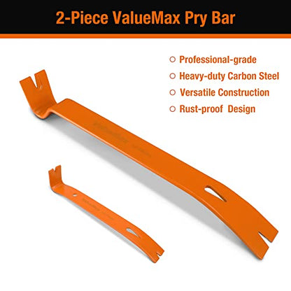 ValueMax 2PCS Flat Pry Bar Set, 7.5” Mini Pry Bar, 15” Heavy Duty Claw Bar