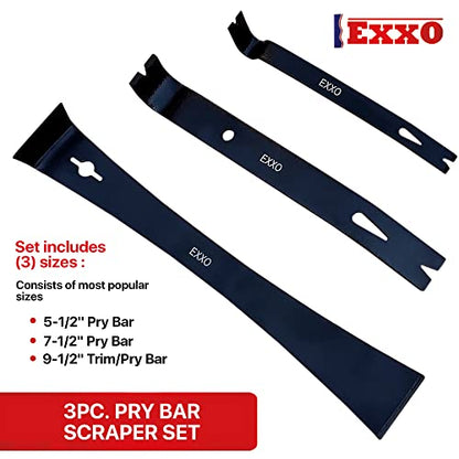 EXXO Tools Pry Bar Scraper Set - 3 Piece Pry Bar Set 5-1/2" Flat Pry bar 7-1/2" Flat Bar 9-1/2" Trim Pry Tool Scraper Tool Nail Puller Tool Tack Puller 3 Pc Utility Tool Set Trim Removal Tool