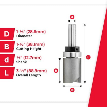 Amana Tool 45468 Carbide Tipped Flush Trim Plunge Template Router Bit 1-1/8 Dia x 1-1/2 x 1/2 Inch Shank with Upper Ball Bearing - size: 1-1/8 Dia x 1-1/2 x 1/2"