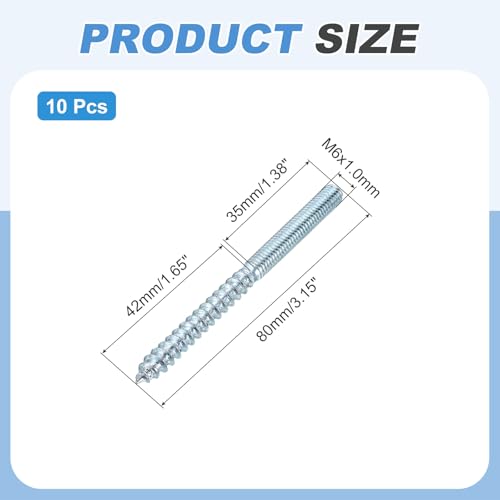 MECCANIXITY M6 Hanger Bolts, 3.15"(80mm) Length Double Headed Hanger Bolts 0.24"(6mm) Wood Dowel Screw Self-Tapping Threaded Rods Screw for Assembling Wood Furniture Joint, Pack of 10 - size: M6x80mmx6mm