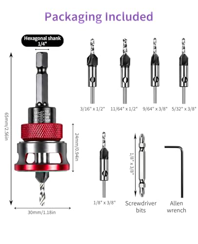 Countersink Drill Bit Set for Wood, 8-Piece Depth Stop Collar
