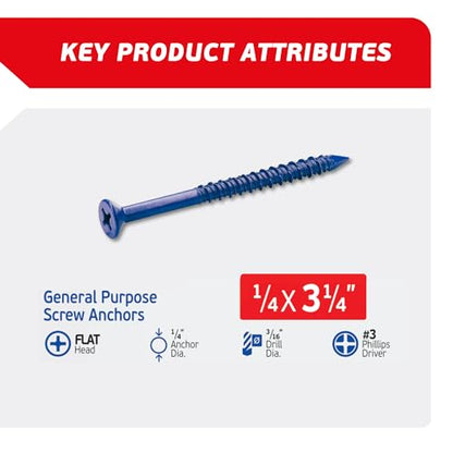 1/4 x 3-1/4" Countersunk Phillips Flat Head Blue Concrete Screw Anchors (100 pcs Screw Kit) with one Screwdriver and Drill Bit for Concrete, Masonry, Block, Brick and Wood Fastening - size: 1/4 x 3-1/4 in