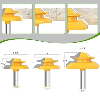 Pynsseu 45 Degree Lock Miter Router Bit 3 Piece Joint Router Bit Set, 1/2 Inch Shank Router Bits for Woodworking, Wood Milling Cutter to Create Lock Miter Joint 1/2", 5/8", 3/4" Cutting Height - size: 1/2 Shank
