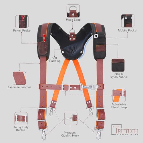 Heavy Duty Nylon and Leather Tool Belt with Cell Phone Pocket Work Suspender | Framing Tool Pouch | Carpenter | Construction | Framers & Electrician