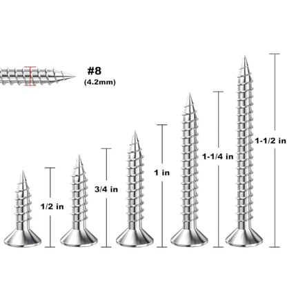 Wensilon (135Pcs) 304 Stainless Steel Wood Screw Quick Metal Self Tapping Flat Head with Drywall Plastic Anchors kit - size: SS304 Flat Head Wood Screws
