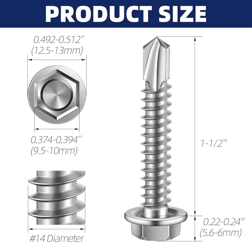 #14 x 1-1/2" (3/4" to 3" Available) Hex Washer Head Self Drilling Sheet Metal Screws with Drill Point, Stainless Steel 410, 50 PCS - color: Silver, size: #14 x 1-1/2"