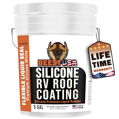 BEEST RV Roof Coating Silicone White, 5 Gal Covers up to 167 sq ft (2 Coat)| Liquid Rubber RV Roof Sealant for Trailer, Camper & Metal Building - Elastomeric Repair Coating, EPDM, TPO Sealer, sealant - style: 5G - Coating