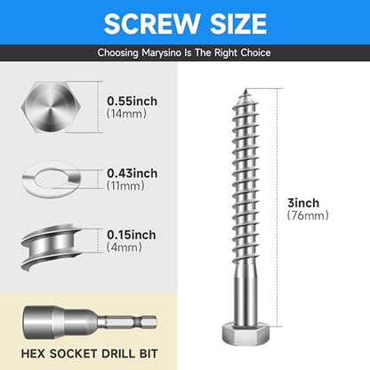 (10-Set) 3/8 x 3 Lag Screws for Wood, Stainless Steel Heavy Duty Hex Head Lag Bolts, ASME B18.2.1 Commercial/Industrial Grade Mounting Screws Bolts Kit by Marysino - color: Silver, size: 3/8 x 3"