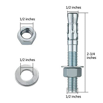 Wensilon 1/2x2-3/4" 10Pcs Inch Standard Fasteners for Heavy-Duty Zinc Wedge Anchors for Cement and Concrete - size: 1/2x2-3/4"