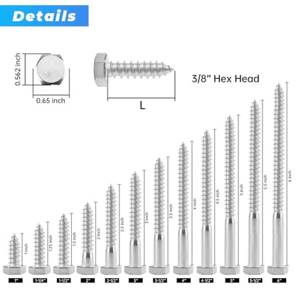 Glvaner (10 pcs) 3/8" x 3" Stainless Steel Hex Head Lag Bolts, Hexagonal Head Lag Screws, 304 Stainless Steel 18-8, Secure Hold for Wood - size: 3/8 x 3"