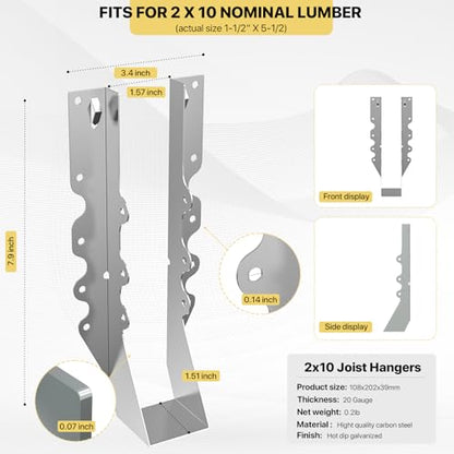 20 pcs 2x10 Joist Hanger,LU210 18 Gauge Double Shear Face Mount Joist Hanger,Hurricane Ties for Rafters Tie Brackets Great for Floor Deck and Ceiling Joists - size: 20Pcs 2x10, style: Silver