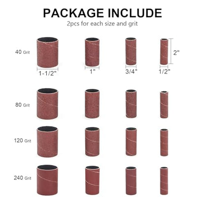 32 Pack Spindle Sander Sleeves, 2”Length, 1/2”,3/4”,1”,1-1/2” Diameter Sanding Sleeves Set for Drill,40 80 120 240 Grit - size: Length: 2''(sanding sleeves)