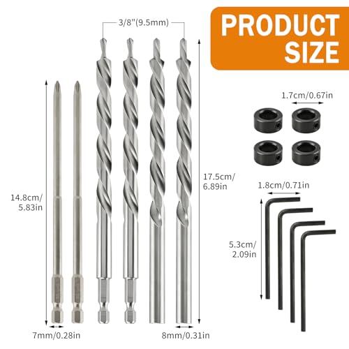 4 Pcs 3/8" Pocket Hole Drill Bit with Depth Stop Collars & SQ2 Screwdriver Bit Set, 1/4" Hex Shank & Round Shank Replacement Drills for Manual Pocket Hole Guide Jig Master System