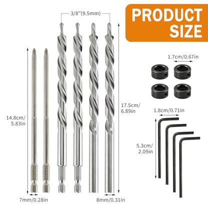 4 Pcs 3/8" Pocket Hole Drill Bit with Depth Stop Collars & SQ2 Screwdriver Bit Set, 1/4" Hex Shank & Round Shank Replacement Drills for Manual Pocket Hole Guide Jig Master System