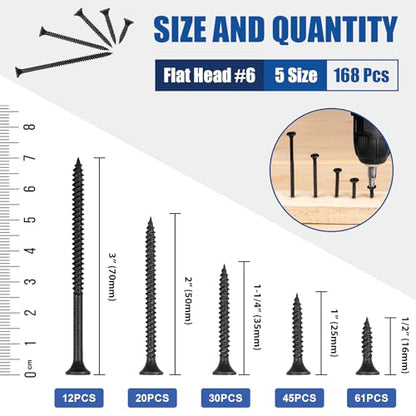 Wood Screws Assortment, 168 PCS #6 Black Flat Head - color: Black 168 pcs
